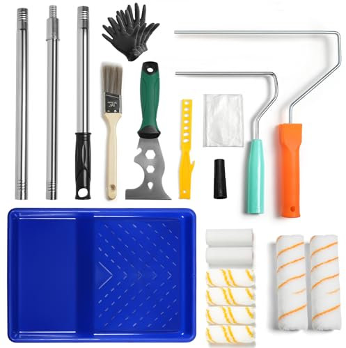 18PCS Paint Roller Set, Includes Extension Pole, Paint Tray, Brush, Large and Mini Rollers & Sleeves, Multi-Function Paint Scraper, Masking Film, Paint Stirrer, for Painting Walls Edges of Ceiling