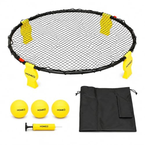 Home It® Roundnet - Juego de Bolas de Rebote para Exteriores, 360°, con Anillo de Metal, Patas estables y 3 Pelotas, Incluye Bomba y Bolsa de Transporte para jardín, Parque y Playa