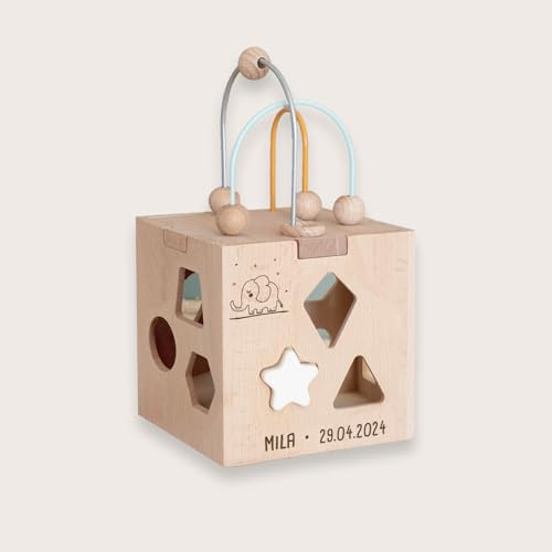 Personalisierter Motorikwürfel aus Holz – Lernspielzeug zur Förderung der Motorik – Individuell mit Namen graviert Kinder (Elefant, Druckschrift)