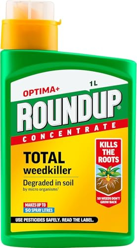 Roundup Optima+ Concentrate 1L | Systemic Root-Killing Weedkiller for Paths Drives & Patios | Visible Results in 4 Days | Replant in 7 Days | Treats up to 1500m² | 1 Litre Liquid