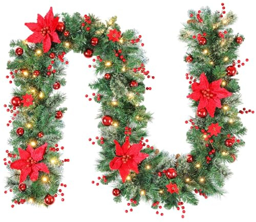Lewondr Weihnachtsgirlande mit Beleuchtung, 2,7m 50LED Warm Batteriebetrieben Girlande Lichter mit Timer, Weihnachtsdeko Innen für Treppen Geländer Kamin Kaminsims Verand, Rote Blume & Kugeln