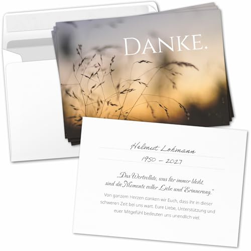 Einladungskarten Manufaktur Hamburg 8 Trauer Danksagungskarten ausfüllbar mit Umschlag - Danke Trauerkarten Postkarten nach Beerdigung zum Ausfüllen mit Text Motiv Gräser im Wind