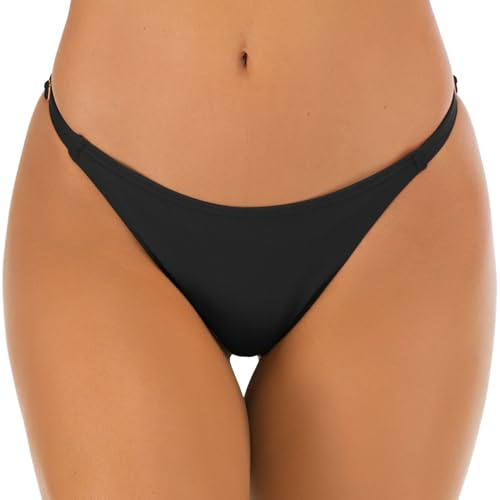 Deriwone Womens Thong Bikini Bottoms Adjustable Brazilian Swim Briefs | T-back, Fully Lined, Adjustable Metal Sliders, Low Waisted Brazilian Bikini Bottoms, Classic Swimsuit Bottom Beachwear