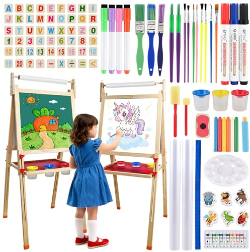 3-in-1 Easel for Kids, Adjustable Wooden Art Easel with Paper Roll, Double-Sided Magnetic Whiteboard & Chalkboard, 100+ Art Accessories for Drawing & Painting, Gift for Boys and Girls Ages 3–8