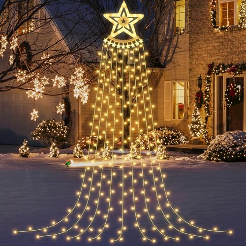 Luces Navidad Exterior 3.5M 350LED, Cadena de Luces para Árbol de Navidad, 9 Hebras, 8 Nodos, Impermeable, Luces para Arbol de Mavidad para Exterior, Decoración, Patios(Blanco Cálido)