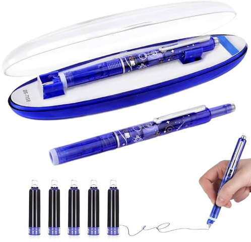 Bukbas Retractable Fountain Pen, 0.38mm Fountain Pen for Writing, Blue Ink Barrel Includes 5 Refillable Ink Cartridges, Smooth Writing Pens No Leaking, School Stationery Supplies for Boys Girls