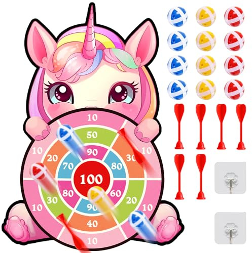 73cm Einhorn Geschenke für Mädchen 3-10 Jahre, Einhorn Spielzeug Kinder Klett Dartscheibe mit 12 Klebrigen Bällen 6 Dart, Wurfspiel Kinder für 3-10 Drinnen und Draußen, Geburtstags Geschenke
