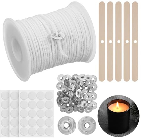 200Feet Natural Cotton Candle Wick Roll, 24-Ply Candle Making Wicks, with 50Pcs Metal Sustainers 3Sheet Candle-Wick Stickers and 5Pcs Wooden Candle-Wick Centering Device,for DIY Craft CandleMaking Kit