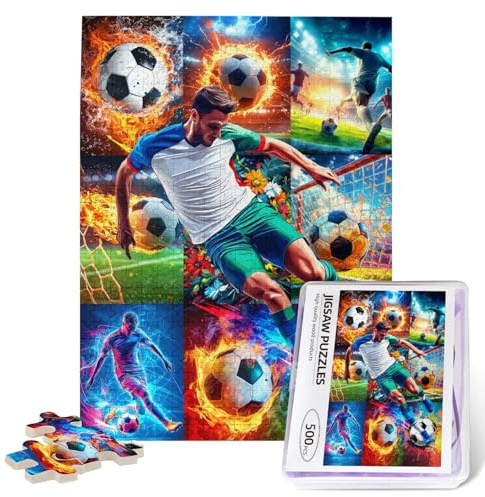 Soccer Sports Puzzle for Adults 500 Piece Soccer Player Jigsaw Puzzle Fire Sports Ball Wooden Puzzles Birthday Gifts for Challenging Family Activity Games