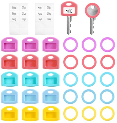 Jeffdad 30PC Silicone Key Covers Caps, Colored Key Covers Protectors, 2 Styles Soft Stretchy Key Identifiers Cover with Write-On Labels for Organization House Keys Protector(5 Colors)