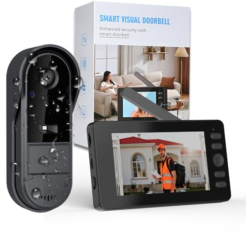 Sonnette sans Fil avec Camera IP65 étanche Exterieur 1080P Bluetooth avec écran IPS de 4.3 Sonnette sans Abonnement Pas WiFi,Pas APP, 170° Vision Nocturne Interphone Portier Video Audio Bidirectionnel
