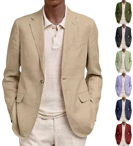 Chaqueta de lino para hombre, chaqueta de traje de ocio para hombre, ligera, con un botón, abrigos deportivos con cuello de solapa de muesca, blazer de manga larga de ajuste relajado con bolsillos