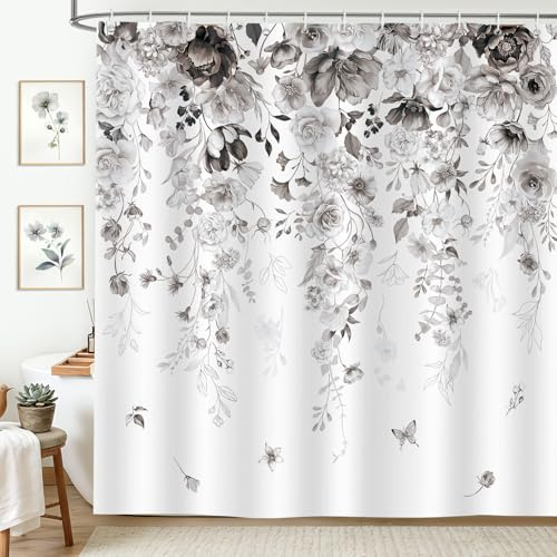 hometrixx Tenda Doccia 180x200cm Floreale Estiva Acquerellato Fiori Grigia | Impermeabile Poliestere, Antimuffa, Anti Grince, Tenda Vasca da Bagno con 12 Ganci, Lavabile in Lavatrice per Casa Hotel