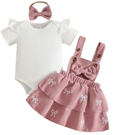 JENJON Baby flicka sommarkjolar set klänning spädbarn kortärmad ribbad topp med rosett/rutig manchester, hängslen kjol set 3-delad outfit, A: 3 st rosa rosett, 12-18 månader