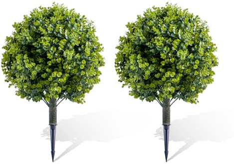 Garvee 2Pcs Artificial Boxwood Topiary Tree Stake Sets - PE Faux Plants with Iron Ground Spikes, for Outdoor & Indoor Garden/Living Room Decoration, 40×55×40cm, Green