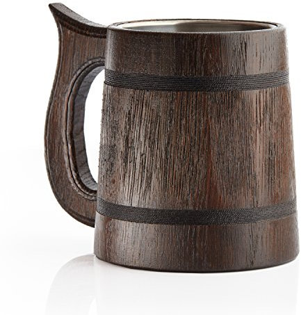 Grande boccale da birra in legno di rovere, realizzato a mano con incredibile capacità artigianale e lavorazione di qualità, rivestito in metallo, robusto, di lunga durata