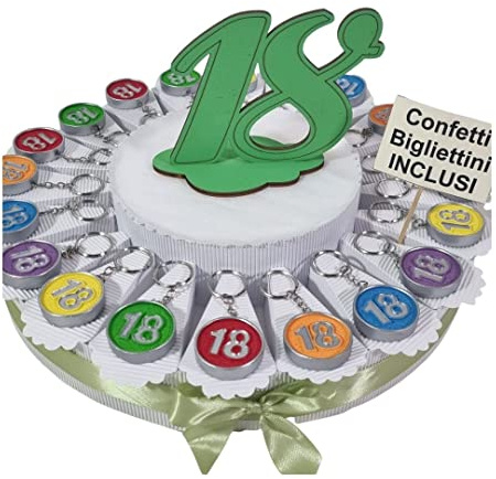 Torta bomboniere con 18 portachiavi colorati assortiti confetti e biglietti inclusi (Torta da 20 fette)