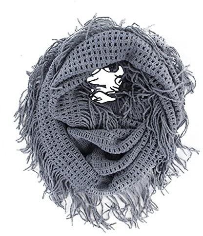 Unisex Women's Winter Fringe Tassel Neck Cozy Knit Cable Infinity Loop Cowl Scarf- Solid Color (Gray)