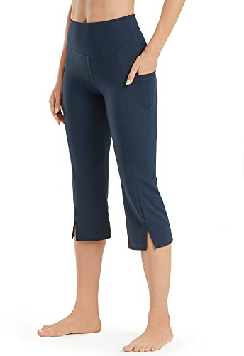 Promover Yoga capribyxor för kvinnor bootcut yogabyxor med fickor hög midja främre delad magtröja bootleg träning capri leggings, Capris-marinblå-a026, S