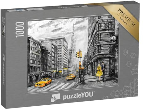 puzzleYOU: Puzzle 1000 Teile „Mann, Frau und gelbes Taxi: Ölgemälde mit Straßenansicht aus New York“ – aus der Puzzle-Kollektion New York, Kunst & Fantasy