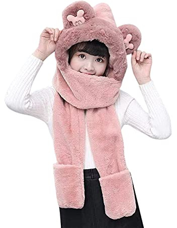 Kids Hoodie with Scarf and Gloves Hat Mittens Gloves 3-In-1 Plush Cute Hat Winter Headwear with Long Scarf Pockets for Kids Warm Birthday Party Gift for Children