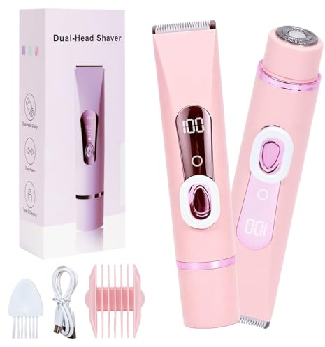 Wishstar 2 in 1 Rasoir Electrique Femme, Tondeuse Intime, Étanche Rasoirs électriques Femme, Epilateur Visage, Utilisation Humide et sèche Pour Maillot, Visage, Aisselles, Jambes, Bras, Corps (Rose)