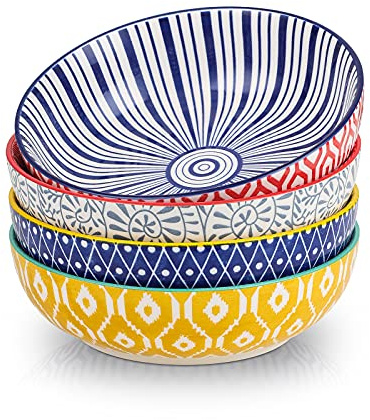 Selamica Salatschüssel Groß Tief, 1300 ml Pastateller, Porzellan Suppenteller, Tiefe Teller, Flach Bowl Schüssel für Spaghetti, Stapelbar, Mikrowellen- und Spülmaschinenfest, Bunte