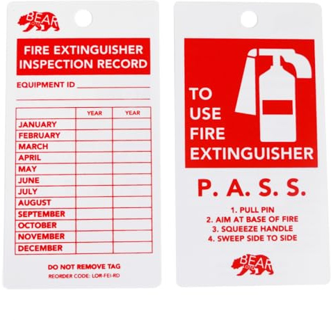 BearLOTO Etiquetas de inspección para extintores de incendios, registro mensual de inspección de aviso de recarga para etiqueta de seguridad contra incendios, 145 x 75 mm (rojo paquete de 20 unidades)