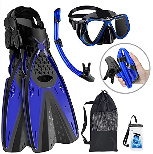 Samnuerly Maskenflossen-Schnorchel-Set mit Schnorchelausrüstung für Erwachsene, Panorama-Tauchmaske, Trek-Flosse, Trockenschnorchel + Reisetaschen, Schnorchel zum Bahnenschwimmen (S) (M)