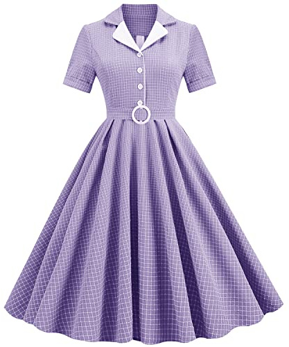 IMEKIS Femmes Années 1950 Vintage Robe Une Ligne à Manches Courtes Impression à Carreaux Rockabilly Rétro Robe de Soirée de Cocktail élégant Floral Mariage Soirée Robe de Bal