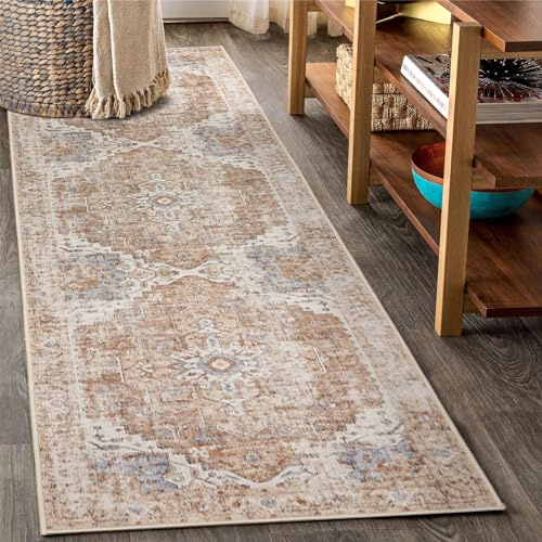 TOPICK Ziegelrot Läufer Flur Floral Teppich Waschbar Superdünne Vintage Blumenteppich Kurzflor Orientalischer Lang Küchenteppich Schlafzimmer Wohnzimmer Esszimmer Faltbar Teppichläufer 60x300cm