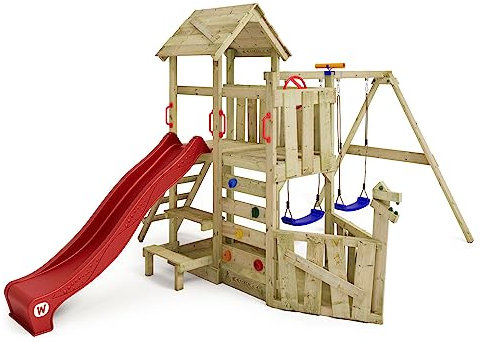 WICKEY Spielturm Klettergerüst GalleyFlyer mit Schaukel & Wellenrutsche, Garten Kletterturm für Kinder mit Sandkasten, Kletterleiter & Spiel-Zubehör – rot