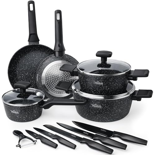 La Moustache - Batería de Cocina de Aluminio con Antiadherente | 8 Piezas Onix + 5 Cuchillos Inoxidables con Pelador de Verduras, Ollas y Sartenes Aptas para Todas las Cocinas, Incluso Inducción