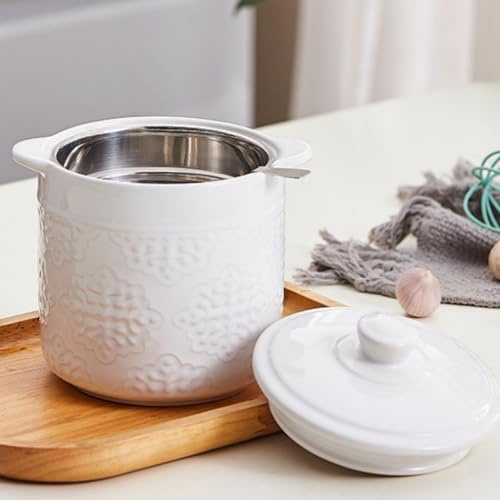 Lyellfe Recipiente de cerámica para grasa de tocino, 1.2L/1,134.0 g, olla de filtro de aceite de cocina con colador, recipiente de aceite de cocina tallado en blanco para freír grasa, aceite de cocina