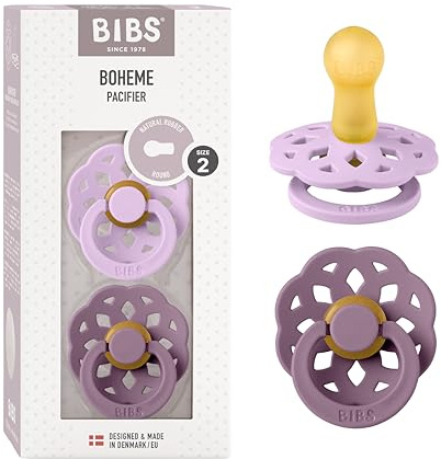 BIBS Boheme Dummy, 6-18 Months, 2-Pack, Round Teat, Violet Sky/Mauve | Natural Rubber Latex | Size 2 | BPA-Free | Made in Denmark | High Teat Acceptance | Airflow Holes | Comfort Shield