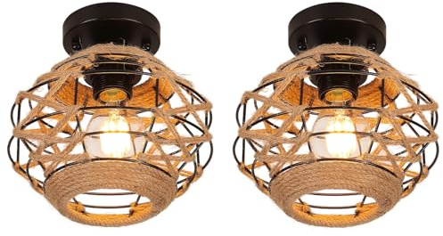 LIGKIN 2 Stücke Deckenleuchte Vintage Boho Rattan Lampe Hängelampe, E27 Metalle Geflochten Lampenschirm Deckenlampe, Ø20CM Rustikal Industrielle Deckenleuchten für Schlafzimmer Kindergarten Korridor
