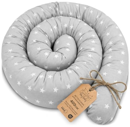 Totsy Baby Seitenschläferkissen Bettschlange Body Pillow 400 cm Baumwolle - Kopfkissen lang Bettrolle Schlafkissen Nackenrolle Kissen Oeko-Tex Grau mit Weiß Sternen