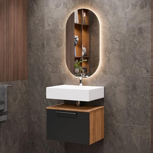 Planetmöbel Astra Badezimmer Unterschrank | Waschbeckenunterschrank 60 cm, Gold Eiche Anthrazit, Spiegel (mit LED) 50cm