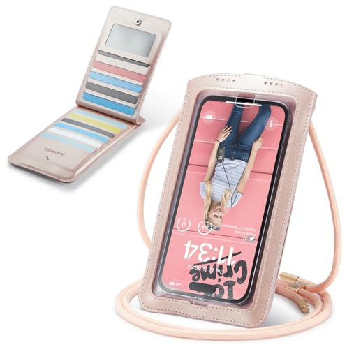 Casecond Handytasche zum Umhängen Geldbörse Universal Crossbody Handy Tasche Kleine Umhängetasche Damen mit Handykette für iPhone 15 14 11 Samsung Z Flip 5 4 S24 S23 Xiaomi Redmi Bis zu 7.5 Roségold