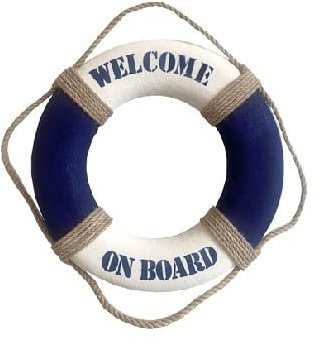 Rettungsring 25cm Durchmesser mit Kordel in Natur/braun, Schriftzug Welcome on Board in rot/weiß oder blau/weiß, im Shabby/Vintage-Look für den Innenbereich (BLAU/Weiss)