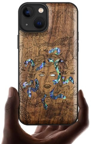 Carveit Coque Magnétique pour iPhone 13 Étui de TPU, Gravure en Bois et Incrustation de Coquille Cover Compatible Magsafe avec 13 Coque (Noyer-L'énigme méduse)