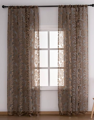 Beydodo Gardinen Wohnzimmer 2er Set Braun, Vorhänge Halbtransparent Stangendurchzug Modern Jacquard Blumen Motiv 102x244CM Gardinenschals Polyester Lichtdurchlässig Vorhänge Schlafzimmer Küche