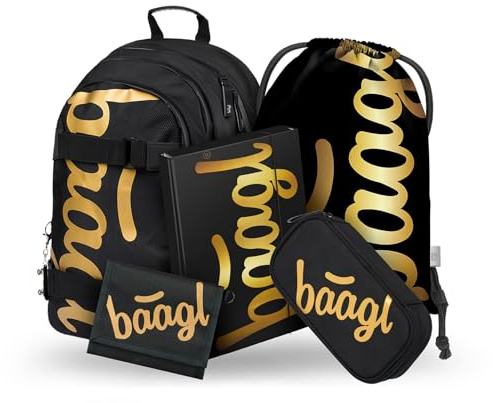 Baagl Schulrucksack Set Jungen Mädchen 5-Teilig ab 3. Klasse - Skate Gold | SKATE Schulrucksack Set mit Turnbeutel, Mäppchen, ergonomischem Rücken und Brustgurt für den Schulalltag.