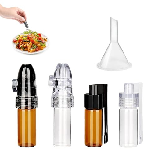 Lote de 5 botellas de almacenamiento pequeñas, incluye 2 frascos de polvo de especias y 2 botellas de vidrio con cucharas, 1 embudo mini, ideal para viajes y cocina (blanco y marrón)