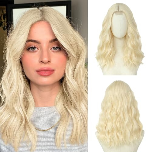 BUPPLER 613 blonde Perücke, 45,7 cm, mittellang, für Damen, Mittelscheitel, Kunsthaar, gewellte Perücke mit verbesserten Strähnen, natürliche Haarperücken für den täglichen Gebrauch auf Party