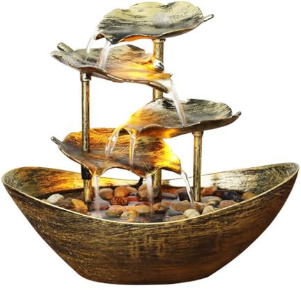 Generic - Piccola fontana a cascata per interni, fontana rilassante con foglia di loto a 4 livelli, pompa automatica con interruttore di accensione, illuminazione a LED, oro