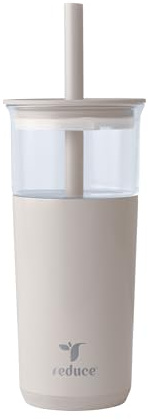 REDUCE Aspen 20 oz Vacuum Insulated Glass Tumbler with Lid & Extra Wide Straw - Keeps Drinks Cold for 12 Hrs - Ideal for Iced Coffee, Smoothies & Boba - Dishwasher Safe, Soft Base - Sand