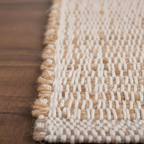 Neutral Jute Boho Rug 2x3 ft Braided Rug 2X3 - Earthy Farmhouse Cotton & Jute Carpet - Braided Rug for Kitchen - Reversible Woven Rug