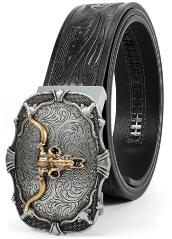 Beltroad herr spärrhake western bälte läder cowboybälten för män med automatiskt västernspänne bälte för jeans julklappar, Koppar Bull-svart (38 mm), for Wasit 40-45