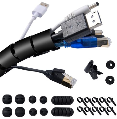 Garrulo Cable Tidy Sleeve, Flexible Black Cable Management Kit with 10* Silicone Cable Holders + 10* Cable Ties + 2 * 1M Self-Adhesive Tape + 1* Clip, Cable Spiral for TV/PC